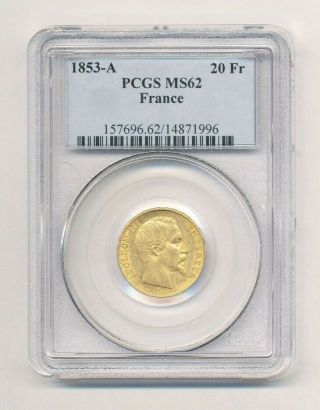 Very Rare 1853 - A 20 Franc Gold Pcgs Ms 62 France