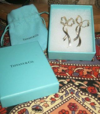 Vintage 1985 Tiffany & Co 2 - 1/4 " Long Ribbon Bow Sterling Silver Dangle Earrings