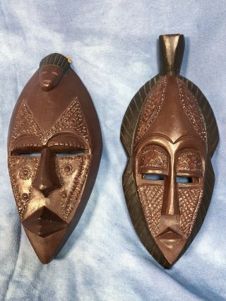 Vintage Hand Carved Wooden African Masks With Hammered Tin Details Ghana