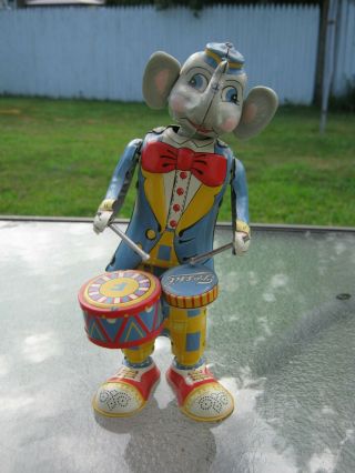 Vintage Windup Tin Circus Drummer Elephant Fossil T.  K.  Made In Japan