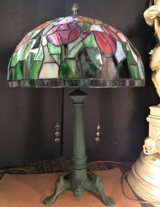 Fine Antique French Gothic Bronze Dragon Footed Lamp W/ Leaded Glass Shade C1910
