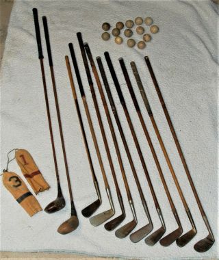 11 Antique Golf Clubs (9 Are Hickory Shaft) And Vintage Club Covers W/golf Balls