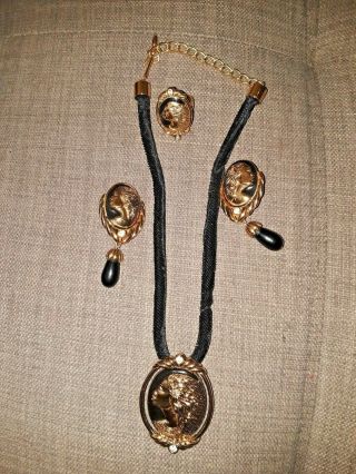 Vintage Coreen Simpson Dangle Earrings,  Necklace,  Ring Black Enamel Gold Tone