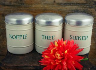 Vintage Canister Set Enamelware Coffee Sugar Tea Dutch Enamel Storage Jars