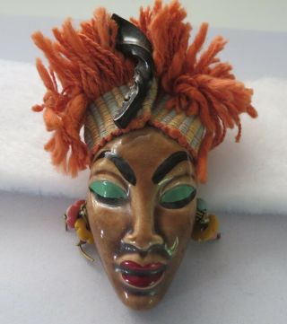 Vintage Elzac Victim Of Fashion Brooch Pin Ceramic African Head