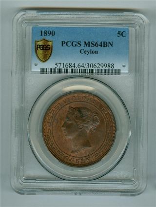 Ceylon 1890 Queen Victoria 5 Cents Copper Pcgs Ms - 64bn Choice Bu Rare