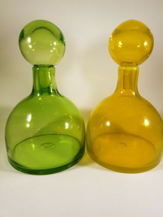 Vintage Mid Century Modern Glass Bottle Decanter Set of Two.  Yellow & Green. 10