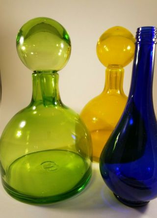 Vintage Mid Century Modern Glass Bottle Decanter Set Of Two.  Yellow & Green.