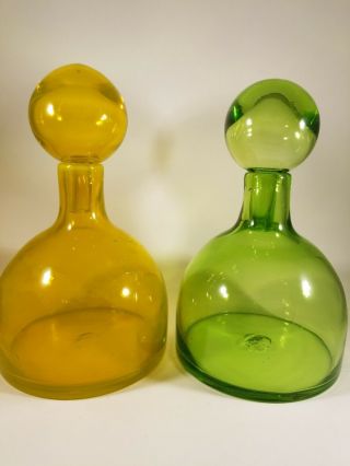 Vintage Mid Century Modern Glass Bottle Decanter Set of Two.  Yellow & Green. 2