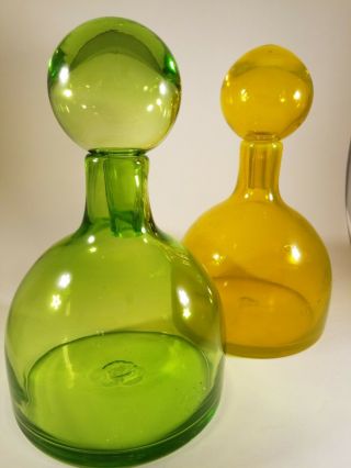 Vintage Mid Century Modern Glass Bottle Decanter Set of Two.  Yellow & Green. 3