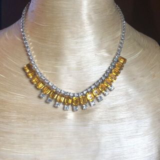 Vtg 1940s Art Deco Necklace Earrings Yellow Emerald Cut Rhinestone Matching Set