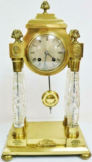 Rare Antique German 14 Day Bell Striking Brass & Cut Glass Portico Mantel Clock