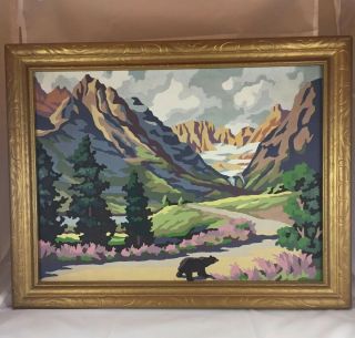 Vintage Paint By Number Painting Bear Mountain Snow Stream Landscape Framed