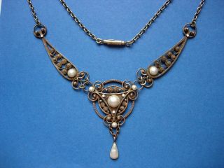 Vintage Marius Hammer White Enamel Necklace,  Gilt 930s Silver,  Norway,  1920s
