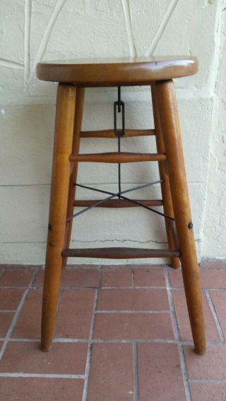 Antique Vintage Wood Bar Shop Stool With Metal Support Rods Steampunk Industrial