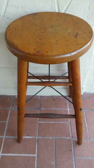 Antique Vintage Wood Bar Shop Stool with Metal Support Rods Steampunk Industrial 2