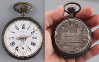 Antique 1850s Ancre Remontoir,  Coin Silver Railroad Locomotive Pocket Watch