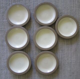 Rare 7 Vintage Heath Ceramics Rimline Mini Plates Brown Rim Line Beige 5 - 1/2 "