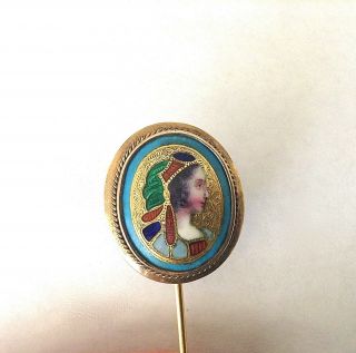 Antique Art Nouveau 14k Etched Gold,  Multi - Color Enamel Woman Stick Pin 3.  42g