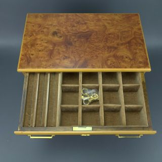 Vintage Mid Century Italian Burl Wood Jewelry Box 4 Drawer Locking w/ Keys 10