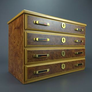 Vintage Mid Century Italian Burl Wood Jewelry Box 4 Drawer Locking W/ Keys