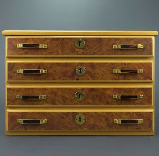 Vintage Mid Century Italian Burl Wood Jewelry Box 4 Drawer Locking w/ Keys 2
