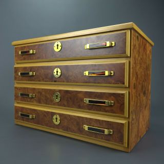 Vintage Mid Century Italian Burl Wood Jewelry Box 4 Drawer Locking w/ Keys 3