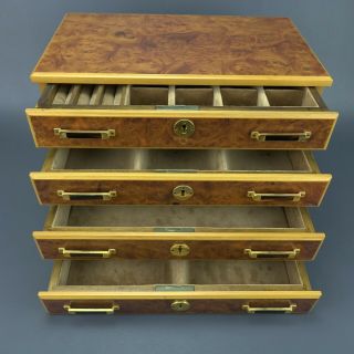 Vintage Mid Century Italian Burl Wood Jewelry Box 4 Drawer Locking w/ Keys 4