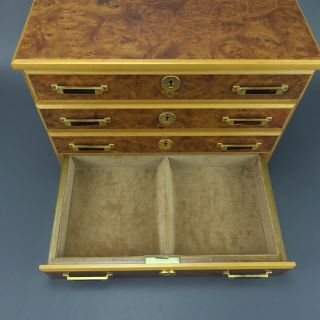Vintage Mid Century Italian Burl Wood Jewelry Box 4 Drawer Locking w/ Keys 5
