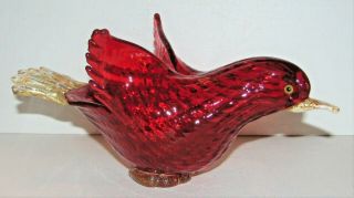 Vintage Murano Ruby Red Bird Figure Holder Bowl Applied Eyes Aventurine