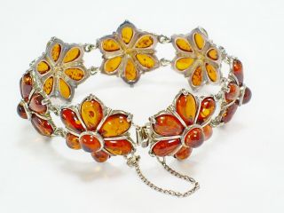 Vintage Hm Sterling Silver Baltic Amber Flower Link 7.  25 " Bracelet