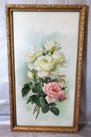 Vintage Paul De Longpre Print Wood Frame ‘la France And Bride Roses’ 25.  75x14.  7