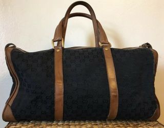 Authentic Vintage Gucci Duffle Bag Black Canvas & Brown Leather