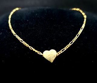 Vintage 14k Solid Gold Dainty Heart On Figaro Chain Anklet Or Bracelet