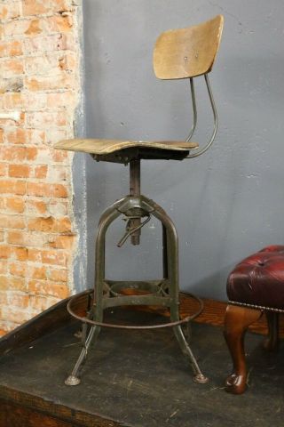 Vintage Uhl Toledo Drafting Stool Chair Adjustable Swivels Industrial Wood seat 2