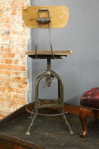 Vintage Uhl Toledo Drafting Stool Chair Adjustable Swivels Industrial Wood seat 3