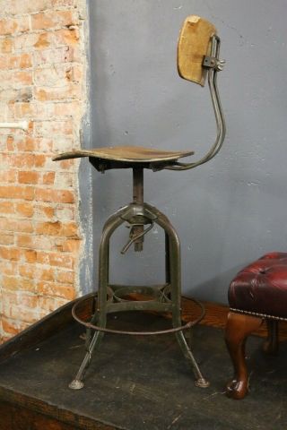 Vintage Uhl Toledo Drafting Stool Chair Adjustable Swivels Industrial Wood seat 5