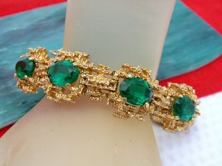 Vintage Signed Panetta Green Rhinestone Gold Tone Bracelet