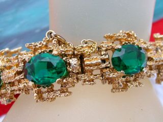 Vintage Signed PANETTA Green Rhinestone Gold tone Bracelet 2