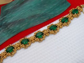 Vintage Signed PANETTA Green Rhinestone Gold tone Bracelet 3