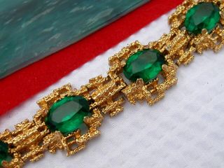 Vintage Signed PANETTA Green Rhinestone Gold tone Bracelet 5