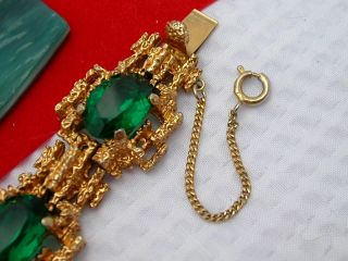 Vintage Signed PANETTA Green Rhinestone Gold tone Bracelet 6