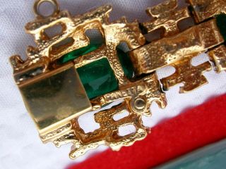 Vintage Signed PANETTA Green Rhinestone Gold tone Bracelet 7