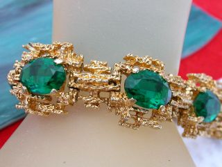 Vintage Signed PANETTA Green Rhinestone Gold tone Bracelet 8