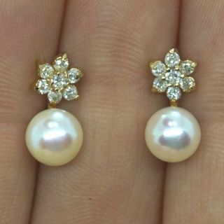 Vtg 14k Yellow Gold.  4ctw Real Diamond Flower 7mm Natural Pink Pearl Earrings