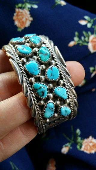 Vintage 1940s 50s Native American Sterling & Turquoise Cuff Bracelet Navajo