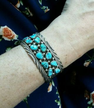Vintage 1940s 50s Native American Sterling & Turquoise Cuff Bracelet Navajo 2