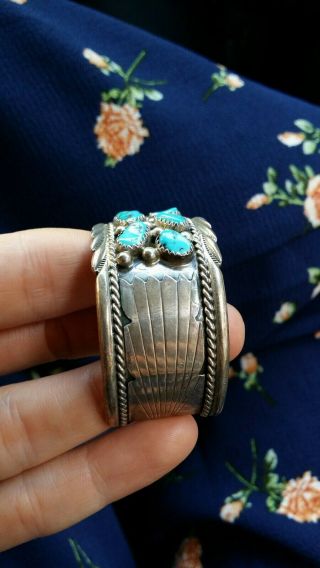 Vintage 1940s 50s Native American Sterling & Turquoise Cuff Bracelet Navajo 3