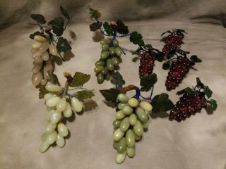 8) 4 Vtg Carved Stone & 4 Glass Grape Clusters Fruit Decor Alabaster Jade Marble