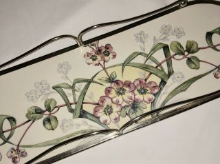 Antique Vtg German Austrian Art Nouveau Floral Porcelain Tile Metal Tray